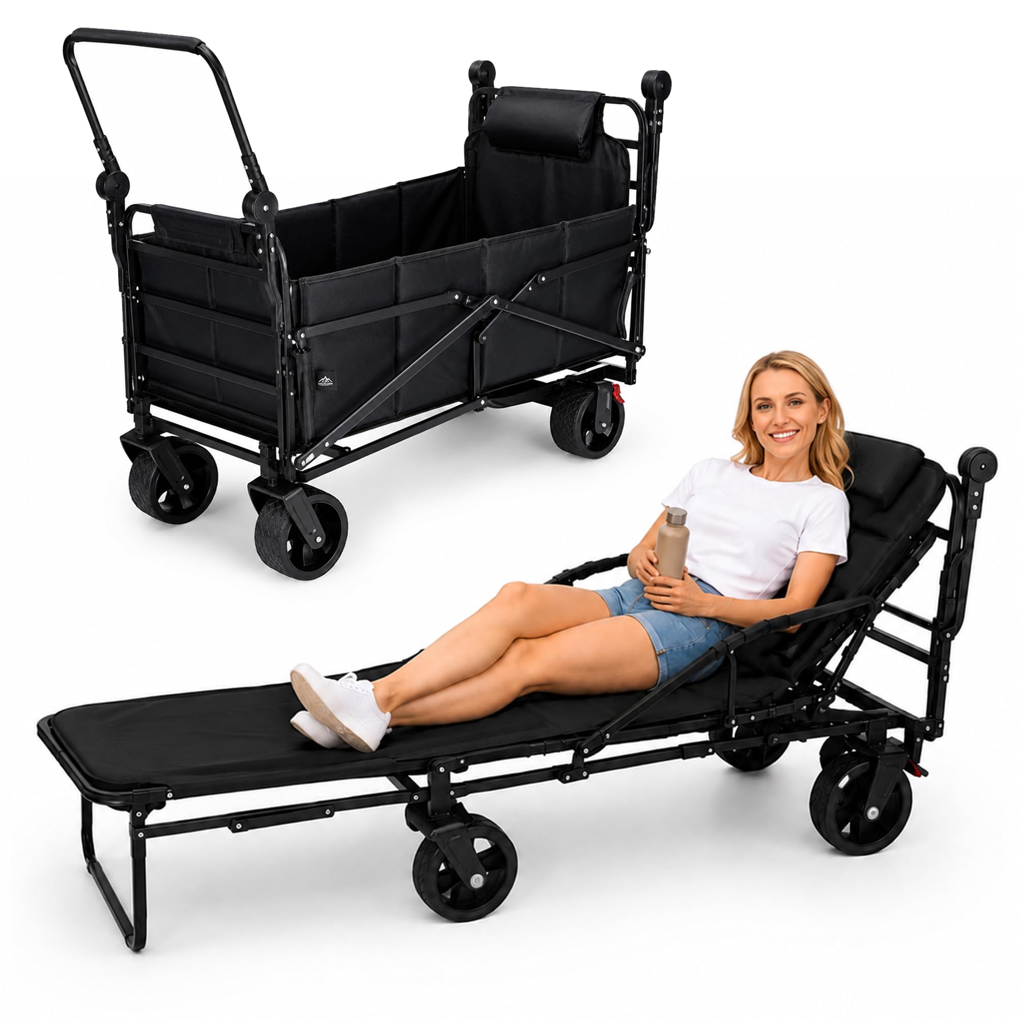 Klappbarer 2-in-1 Bollerwagen & Feldbett - Transportwagen - 180 kg Tragkraft - Abnehmbare Breite Räder - Camping - Strand - Schwarz