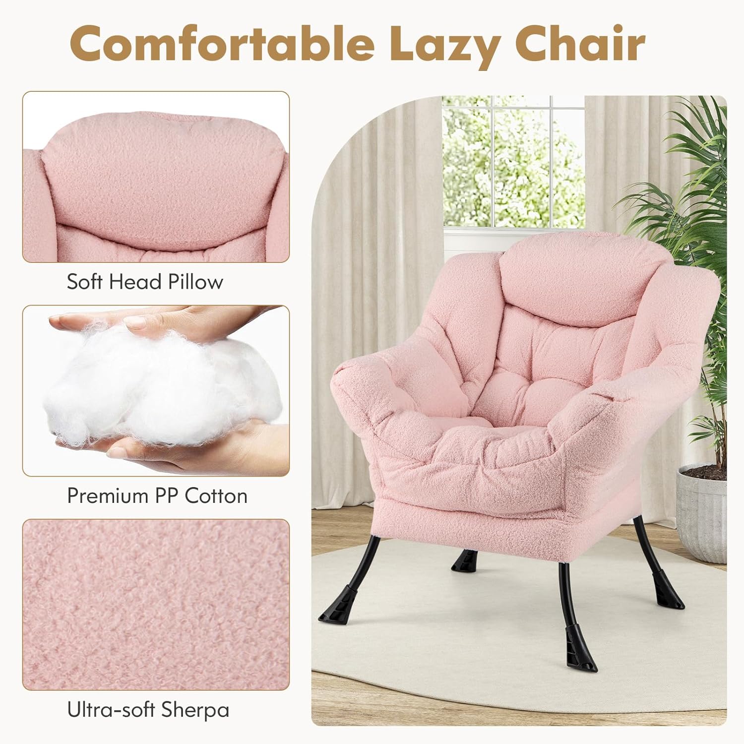 GOFLAME Lazy Chair with Ottoman, Modern Accent Chair with Folding Footrest, Head Pillow, Armrests, Storage Pocket, Upholstered Sherpa Reading Chair for Living Room, Bedroom, Office, Balcony, Pink