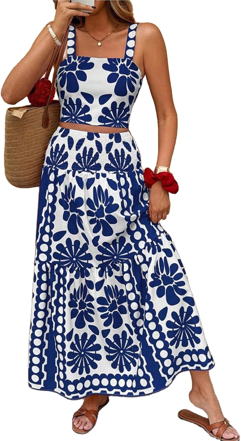 Womens Floral Print Outfit Sleeveless Bohemian Vacation Beach 2 Piece Dress Set Summer Party Maxi Cute Skirt for Women