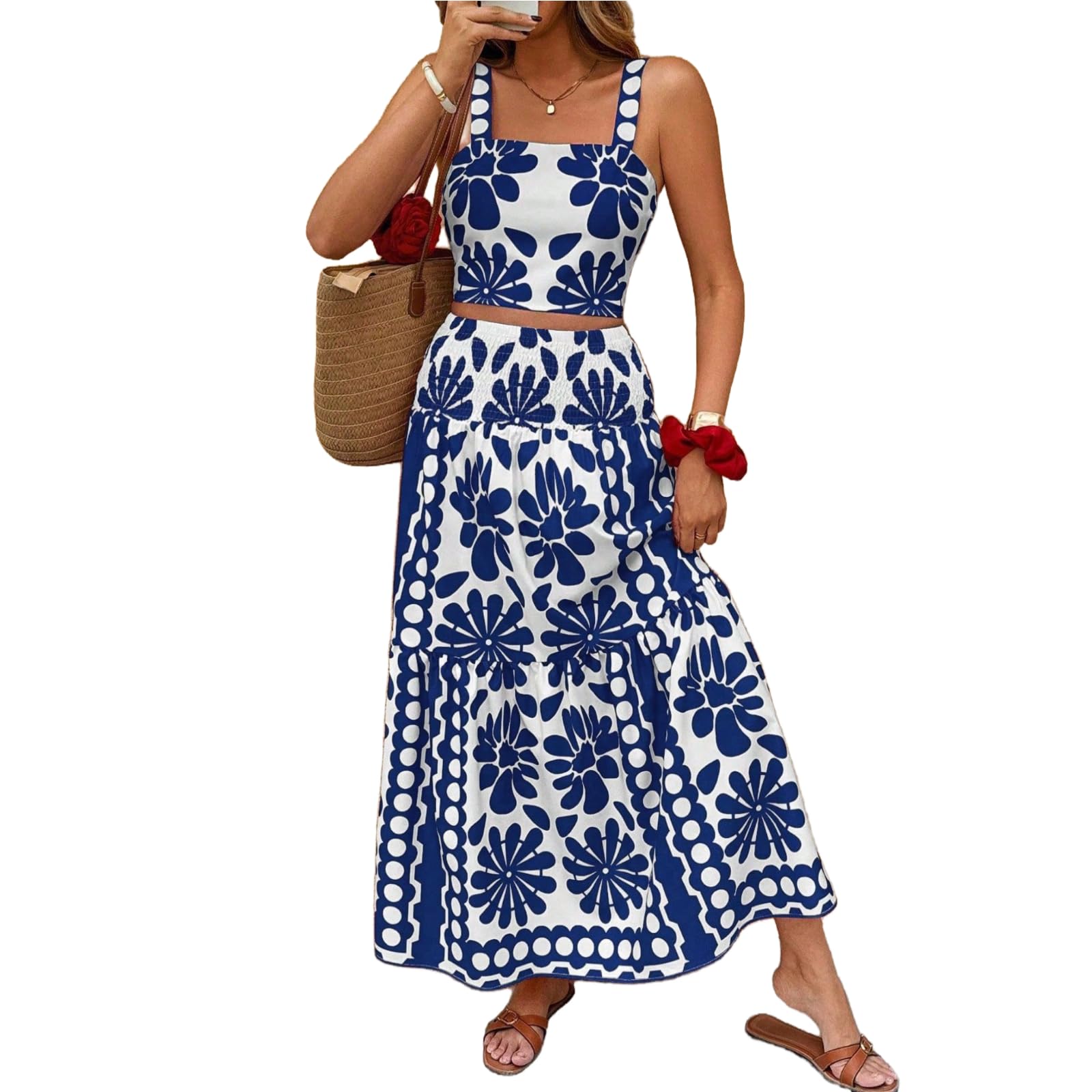 Womens Floral Print Outfit Sleeveless Bohemian Vacation Beach 2 Piece Dress Set Summer Party Maxi Cute Skirt for Women