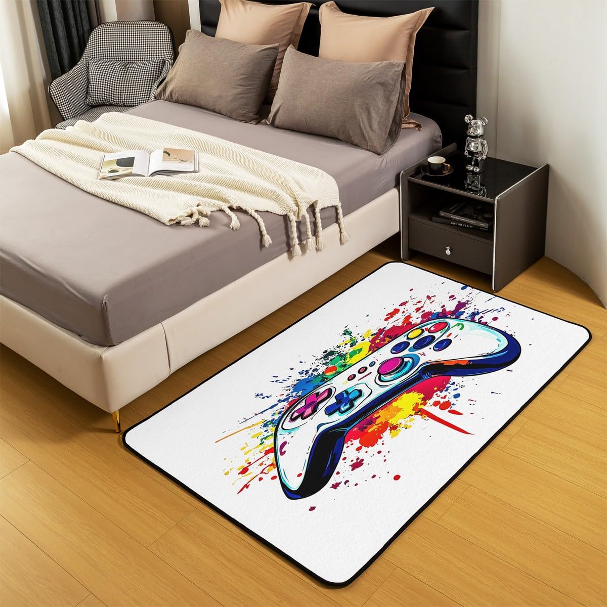 Loussiesd Dywan do salonu dla graczy, 100 x 150 cm, gamingowy dywan akcentujący dla chłopców, dziewcząt, nastolatków, nowoczesny kontroler konsoli do gier, wewnętrzna mata podłogowa, joystick, biała,