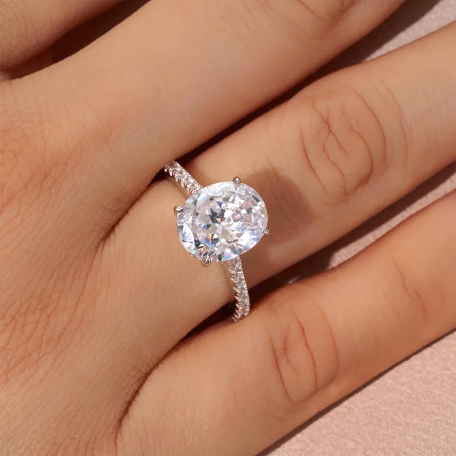 JKK 5ct Oval Moissanite Rings for Women - 925 Sterling Silver D Color VVS1 Clarity Lab Created Ring, Round Side Stone 0.1ct Moissanite Engagement Ring Anniversary Valentines Day Gifts for Women Her - Image 4