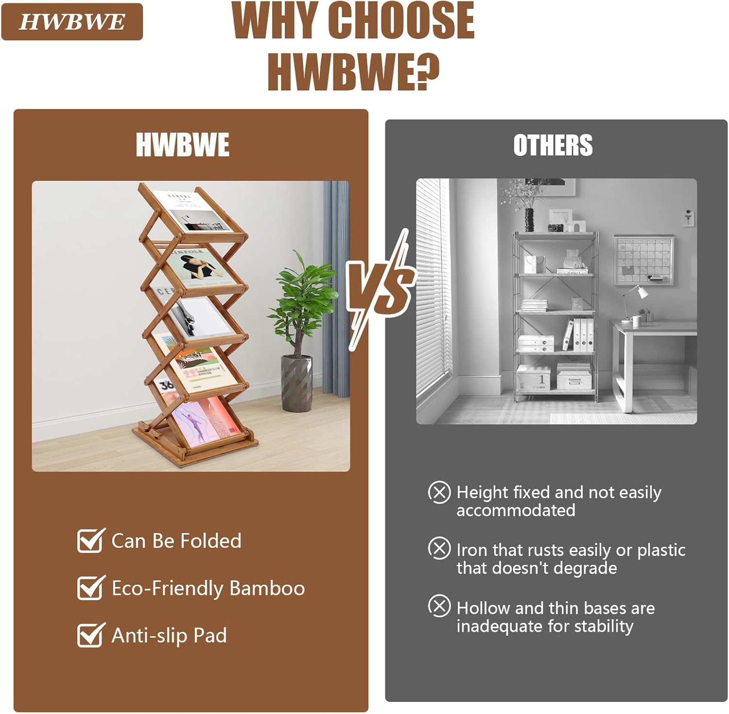 Portable Foldable Wood Literature Rack Display Holder Stand, Pop-up Magazine Brochure Catalog Rack, Light Weight, for Trade Show Booth Office Retail Store Showroom, 5-Pocket Bamboo, Floor Standing