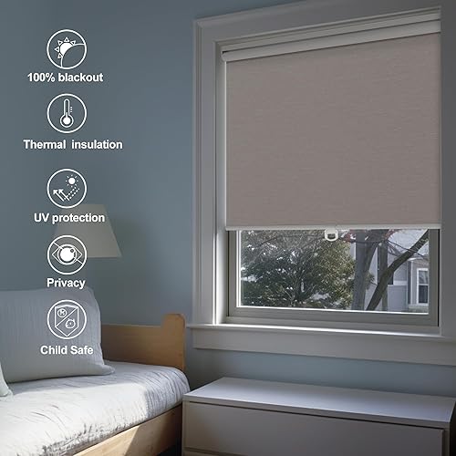 Miniatura 3 de Boolegon Persianas enrollables opacas para ventana, sin cordones, de jacquard a rayas, aislamiento térmico, protección UV, ahorro de energía, para