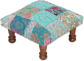 NOVICA Artisan Handmade Embellished Ottoman Fair Trade Foot Stool from India Blue Green Wood Furniture Stools Ottomans Upcycled Lush Meadow Shabby Chic Bohemian [9in H x 15.75in W x 15.75in D] '