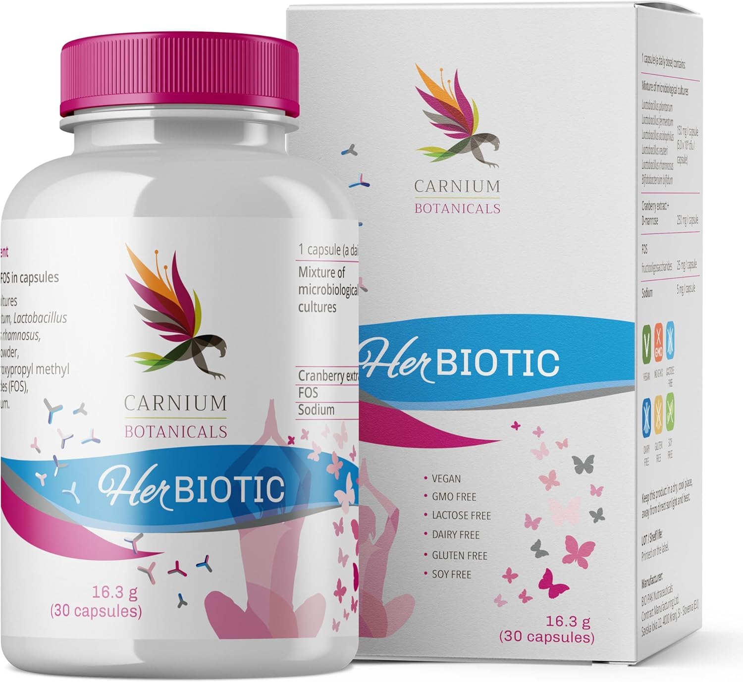 Carnium Botanicals Her Biotic – Probiotici Donna con 6 Fermenti Lattici, Lactobacillus, Bifidobacterium, Estratto di Mirtillo, D-​Mannosio e Prebiotici – 30 Capsule