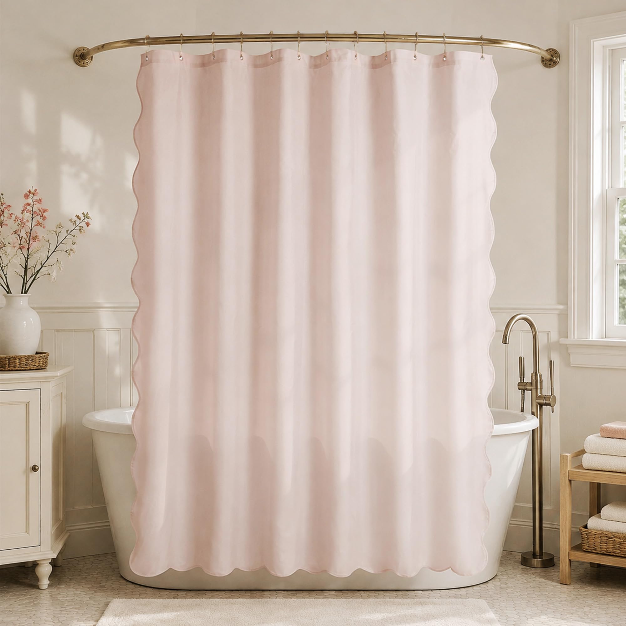 N&amp;Y HOME Fabric Shower Curtain or Liner Pink with Pink Scalloped Edge