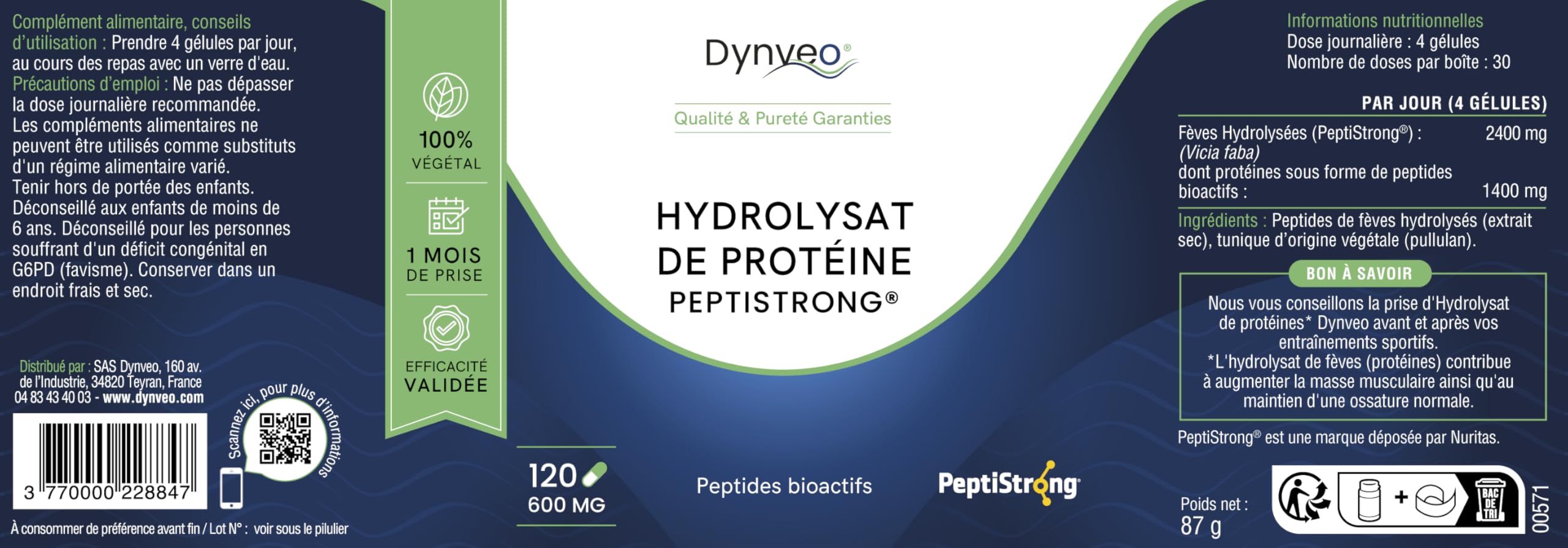Hydrolysat de Protéines PeptiStrong™ 600mg, 120 Gélules - Issu de protéines de fèves hydrolysées - 100% Naturel et Végétarien - Sans Additif - Sport, Musculation - Fabriqué en France - DYNVEO