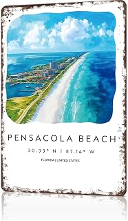 TIUUOK Vintage Metal Signs Pensacola Beach Watercolor Poster Wall Art for Home Living Room Garage Bar Decor 8X12inch