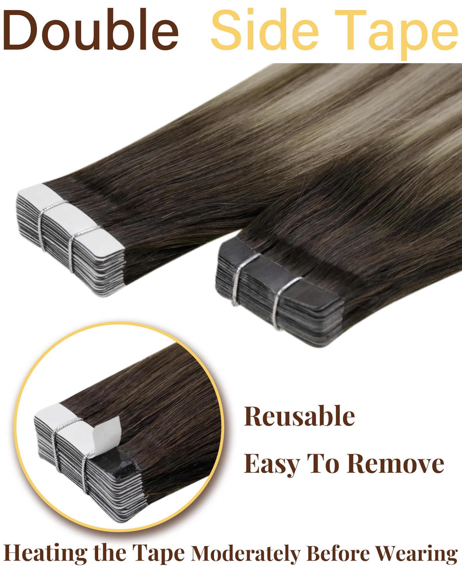 Hetto Tape in Hair Extensions Human Hair Ombre Brown to Blonde 18 Inch, Invisible Lightweight Tape Hair Extensions - Image 2