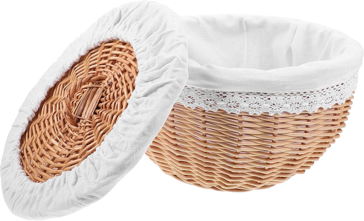 Wicker Bread Basket Lid Large Capacity Multipurpose Wicker Storage Basket White Cloth Liner for Picnic and Home Dining, 9.