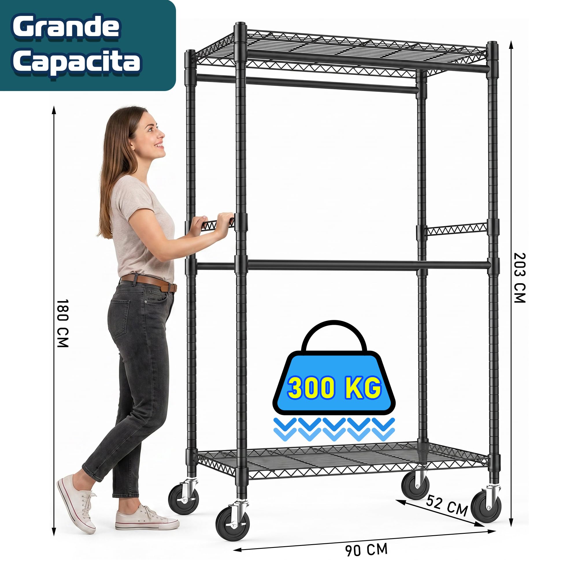 Himimi Appendiabiti con Ruote, 90x52x203 cm, Stand Appendiabiti Doppio con Ripiani Regolabili in Altezza, Appendi Abiti con le Ruote, Carrello Porta Abiti Robusto per Cabina Armadio, Lavanderia, Nero