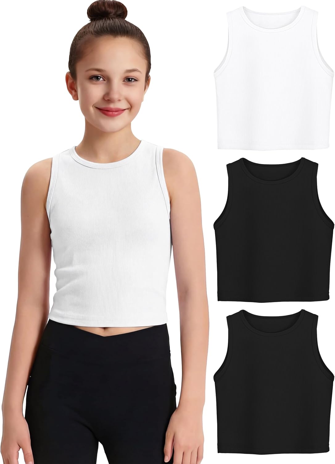 Poroka 3 Packs Girls Tank Tops Sleeveless Athletic Ribbed Knit Crop Tops Basic Camisole for Kids 5-14Y