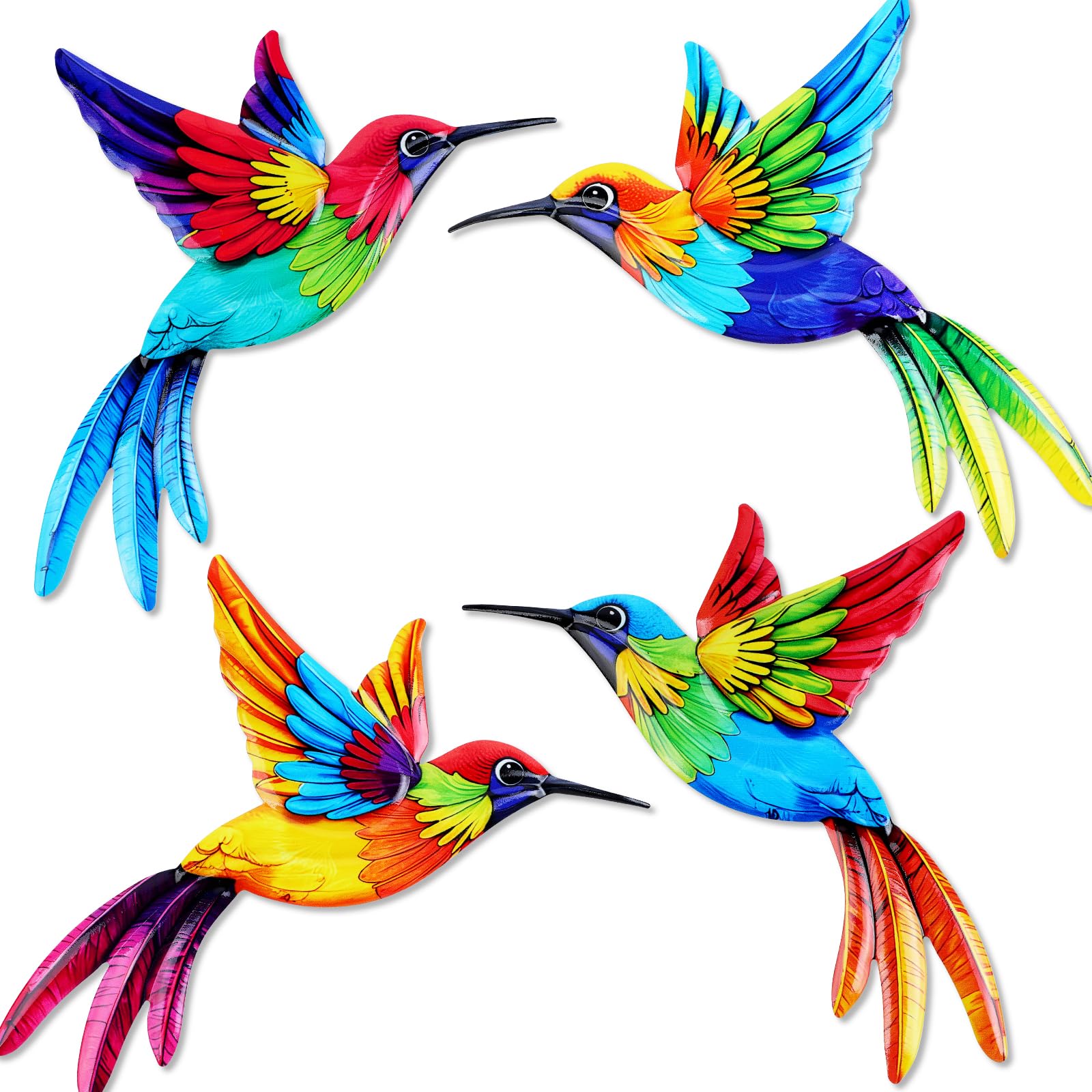 YiYa 4 Pcs Metal Hummingbird Wall Art Decor 3D Colorful Bird Wall Sculptures Outdoor Indoor Hanging Decor for Patio Fence Garden Living Room Bedroom (gorgeous color)