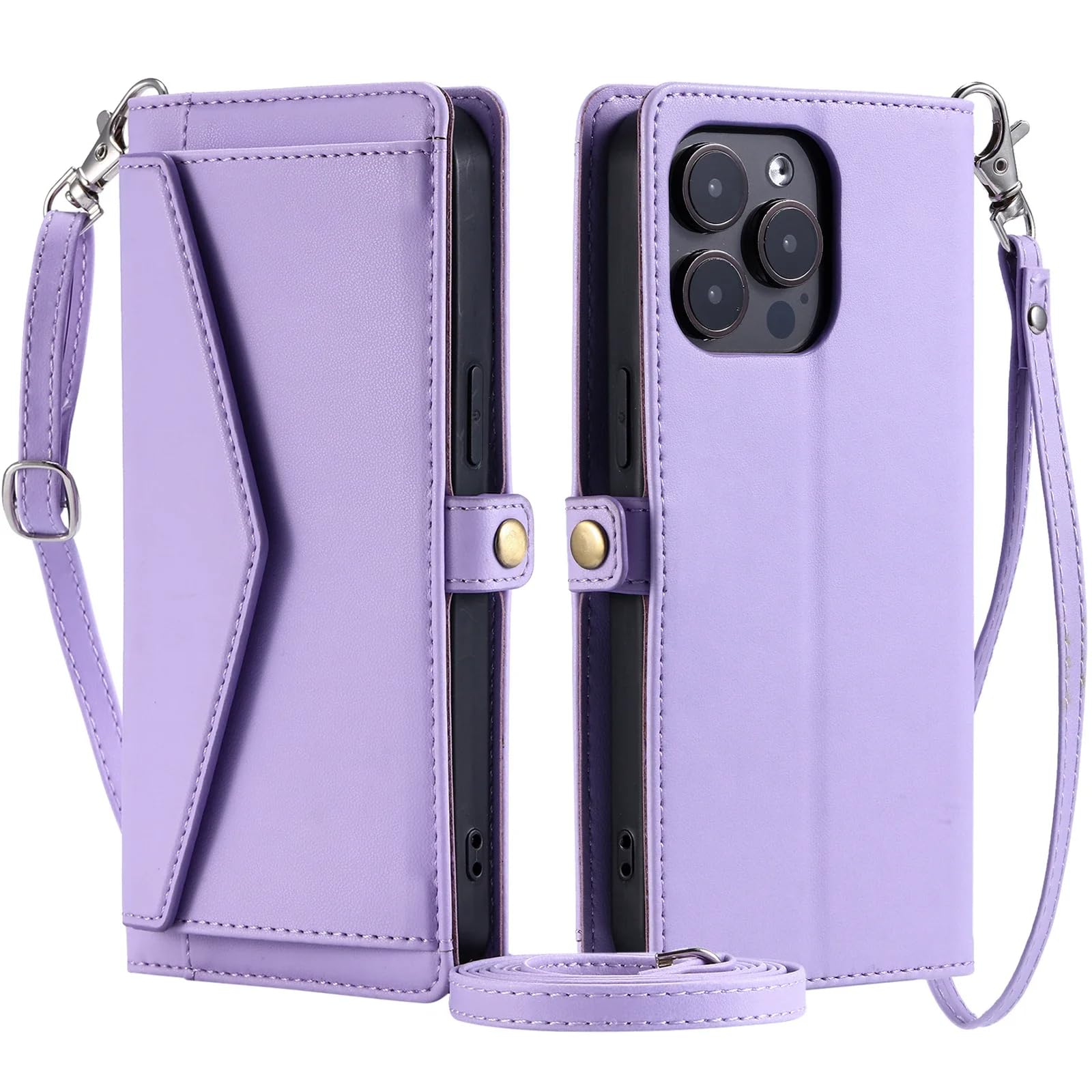 Funda Tipo Cartera de Cuero Cruzada para iPhone 17 16 Pro Air 16e 15 14 13 12 11 Pro MAX XS XR Se 8 7 con Bolsillo para Tarjetas y Correa para el Hombro (para iPhone Air/PÚRPURA)