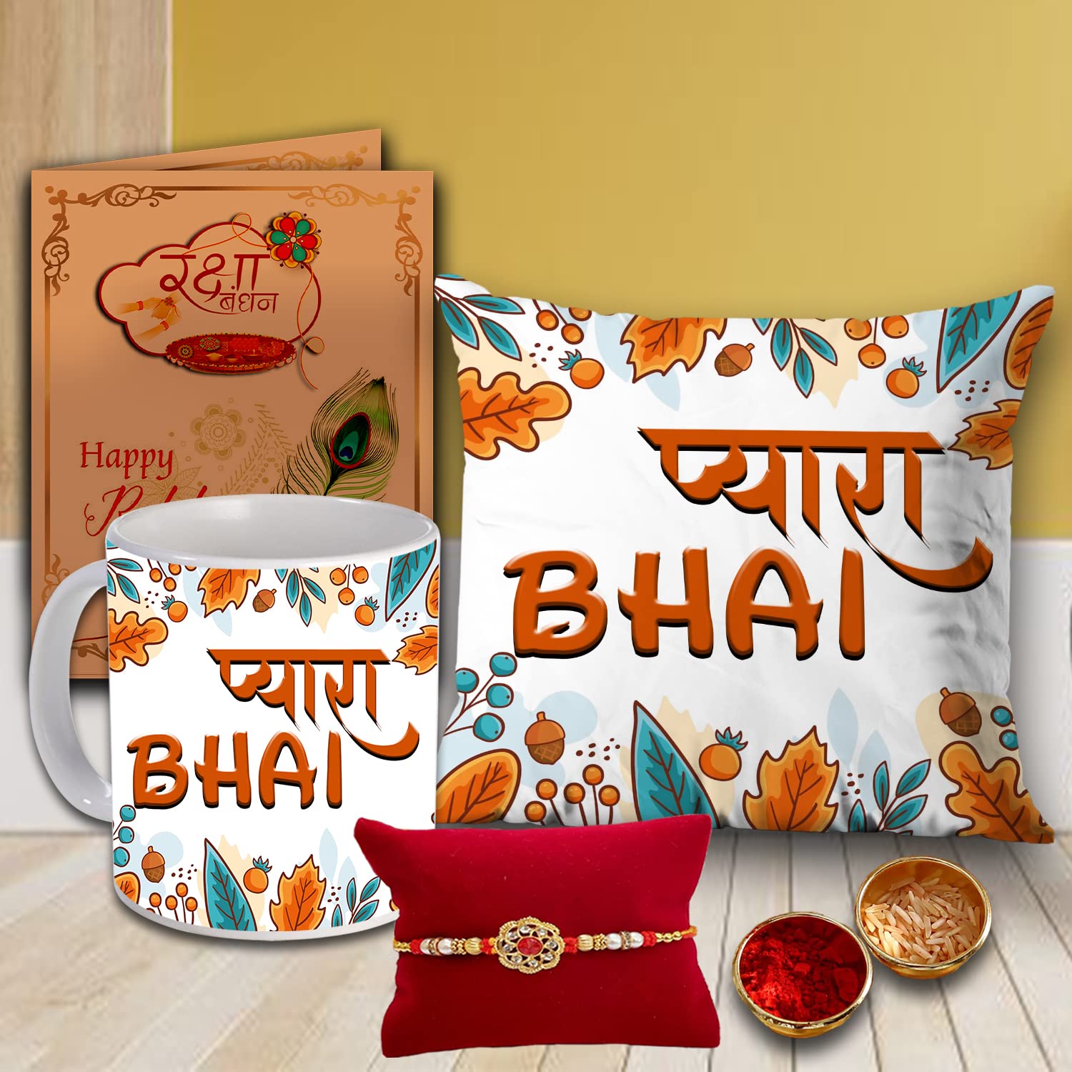 AWANI TRENDS Rakhi Gift Set for Brother Raksha Bandhan Pyara Bhai Printed Cushion Pillow (12 * 12 Inch) Ceramic Mug Rakhi Greeting Card Roli Set Birthday Gift for Brother