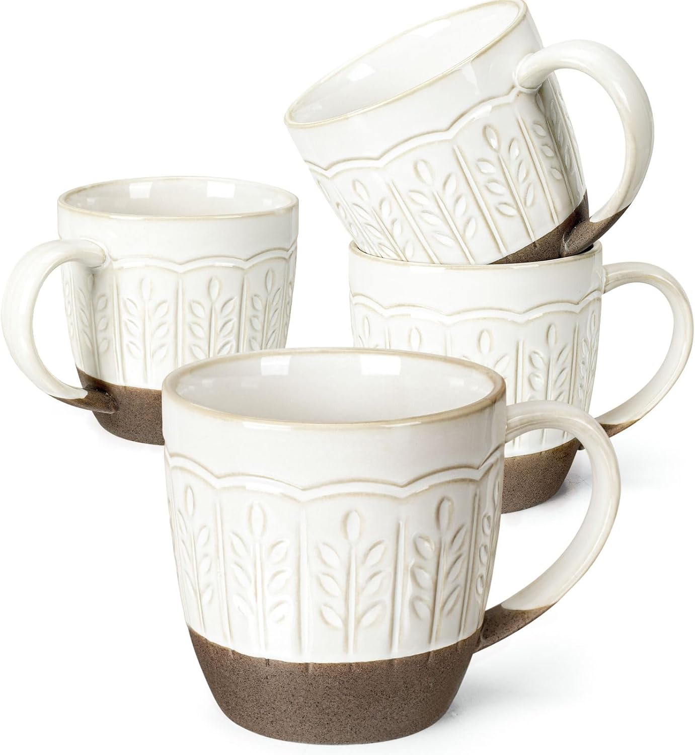 Artena Small Bowls Set of 4, 12 oz Ceramic Embossment Dessert Bowls, white Bowl for Kitchen, Ceramic Coffee Mugs Set of 4, 16oz Embossed Large Latte Mugs Coffee Cups with Handle