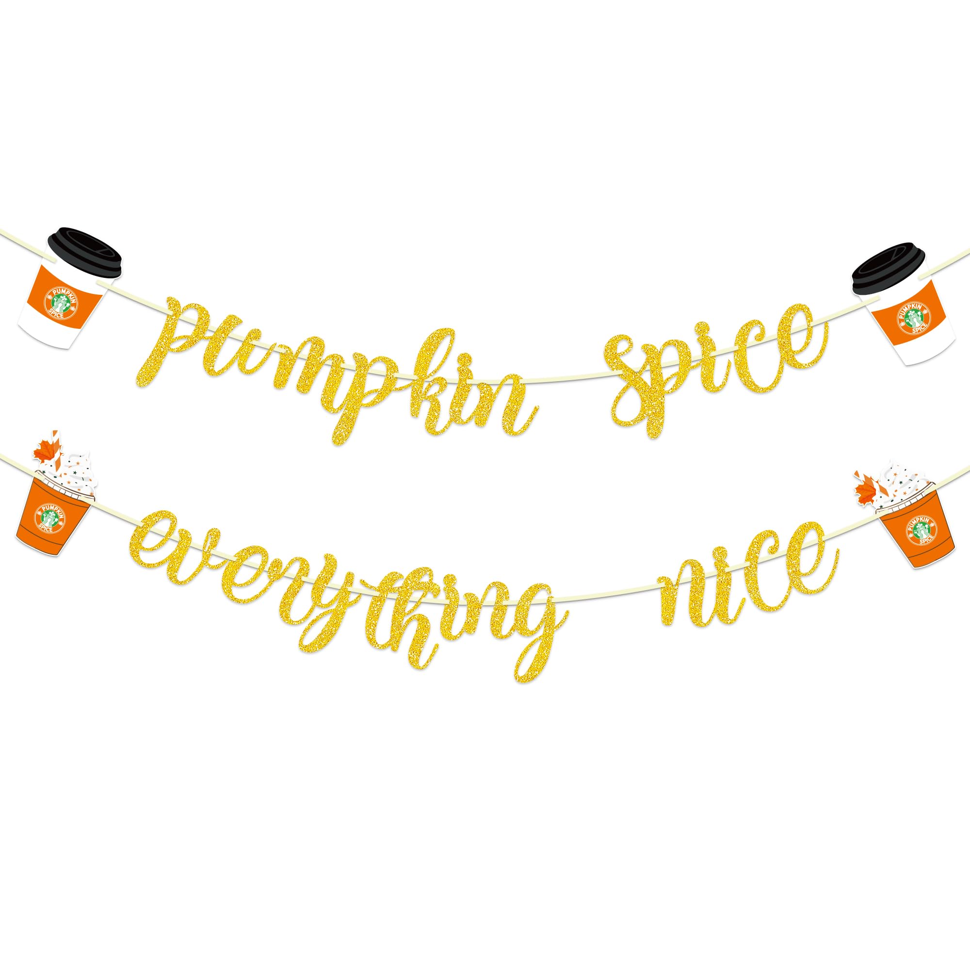 Gold Glitter Pumpkin Spice Everything Nice Banner - NO DIY - Fall Thanksgiving Party Decorations, Fall Decorations for Home Mantle Fireplace Wall, Farmhouse Fall Banner with Cups, Fall Harvest Banner