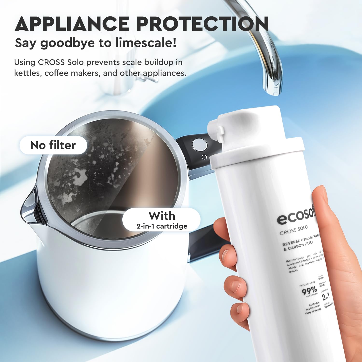Ecosoft CROSS Solo Filtro de Ósmosis Inversa de Flujo Directo, 1.3 L/min, Filtración 2-en-1 con Membrana RO de 500 GPD y Postfiltro de Carbón, Diseño Ultra-Compacto para Cocinas Pequeñas