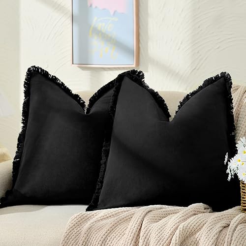 ZWJD Juego de 2 fundas de almohada de 26 x 26 pulgadas, color negro, con flecos, de algodón, decorativas, cuadradas, para sofá, cama, sala de estar,