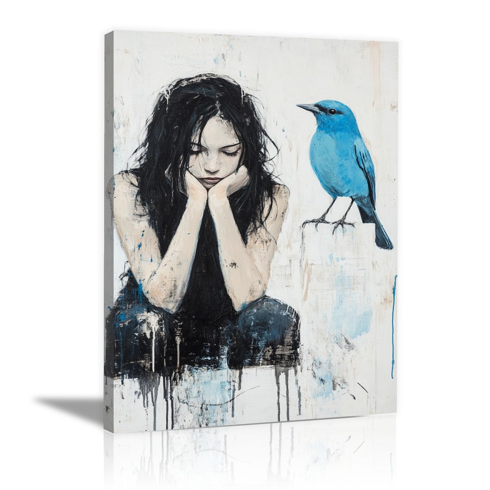 TERUEA Elegant Artwork for Girls Room Bedroom Wall Decor Woman and Blue Bird Print Vintage Humor Wall Poster for Bathroom Toilet Decor(Blue)-60x90cm Framed