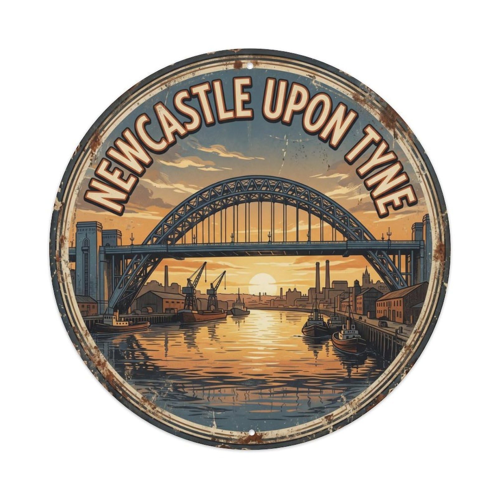 Fqcyn Style Vintage Travel Newcastle Tyne Bridge Metal Tin Sign Plaque Wall Decor For Cafe, Club Bar, Office, Home Garden Round Metal Poster 8X8inch