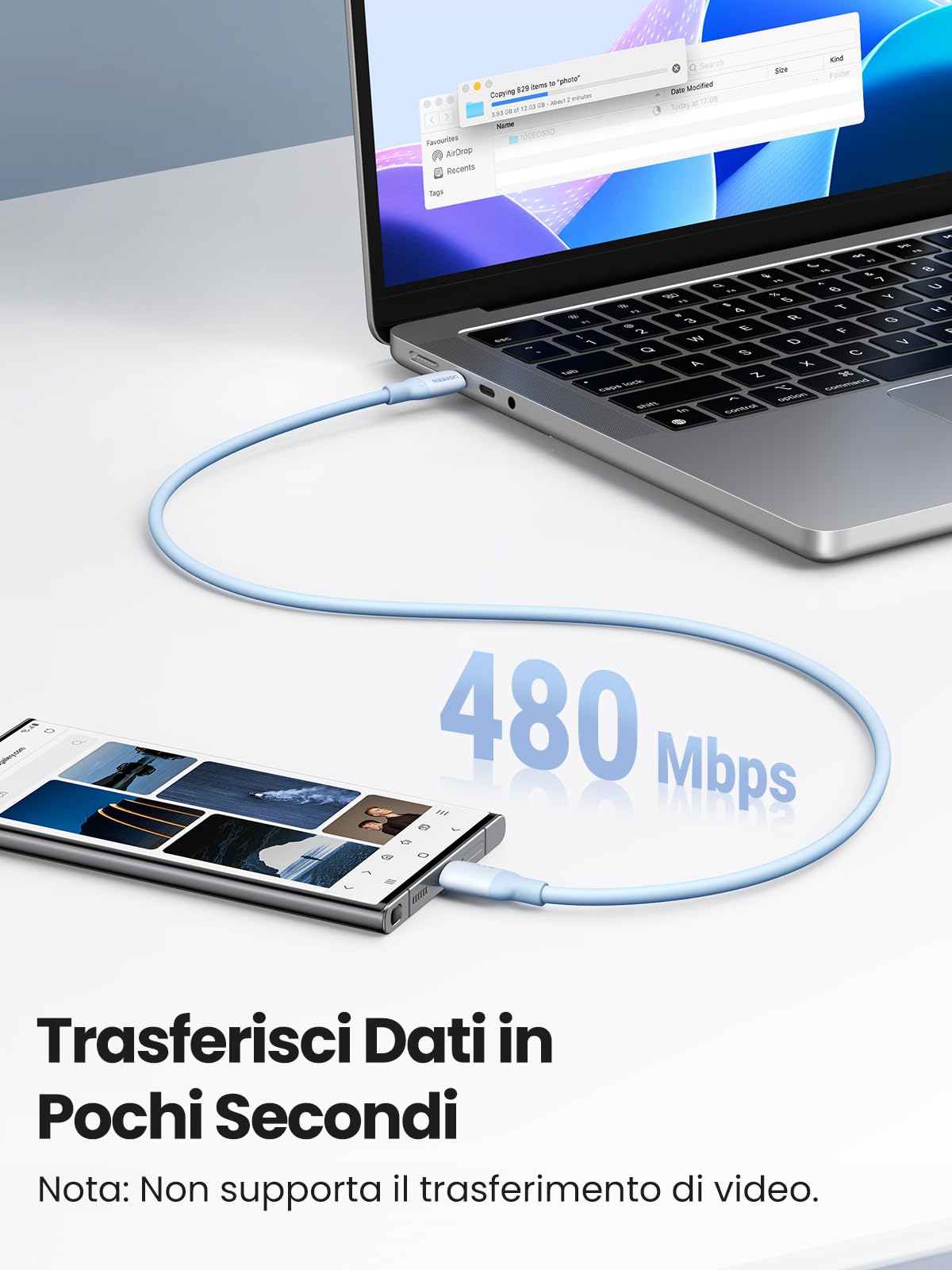 UGREEN Cavo USB C 60W PD 3.0 Silicone, Cavo Type C Ricarica Rapida 20V/3A Compatibile con iPhone 16/15 Plus Pro Max, Galaxy S24 S23 S22 S21, Pixel 9 8 7 6, MacBook, iPad Pro. Blu 0,5M