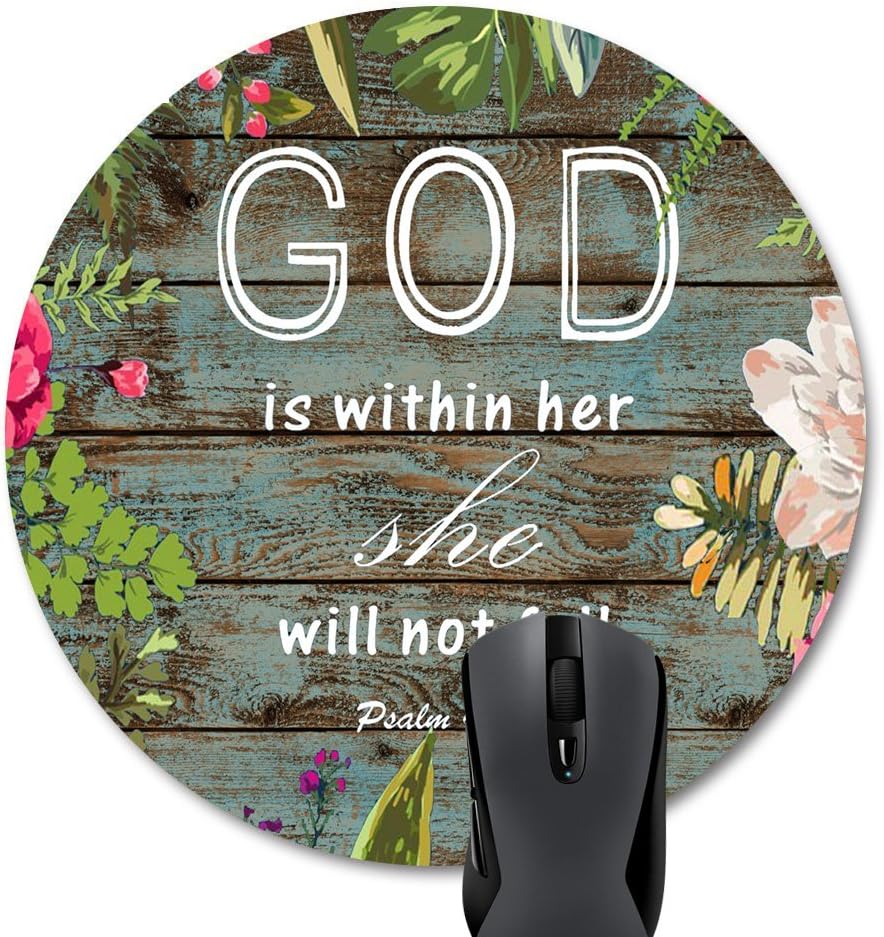 Wknoon Round Mouse Pad Bible Verses Scripture Quotes God is Within Her She Will Not Fall Psalm 46-5, Vintage Floral Rustic Old Wood Print Art Mousepad Mat