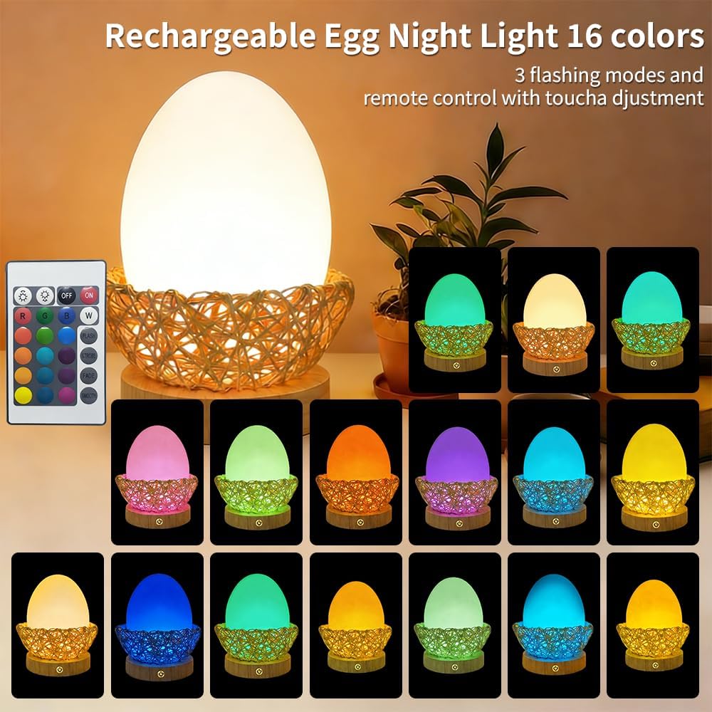 Egg Night Light for Kids,Rechargeable Bedside Lamp Remote & Touch Control Portable Nursery Night Light with 16 Colors Changing Mode for Baby Kids Nursery Bedroom Camping, Easter Christmas Themed Gifts