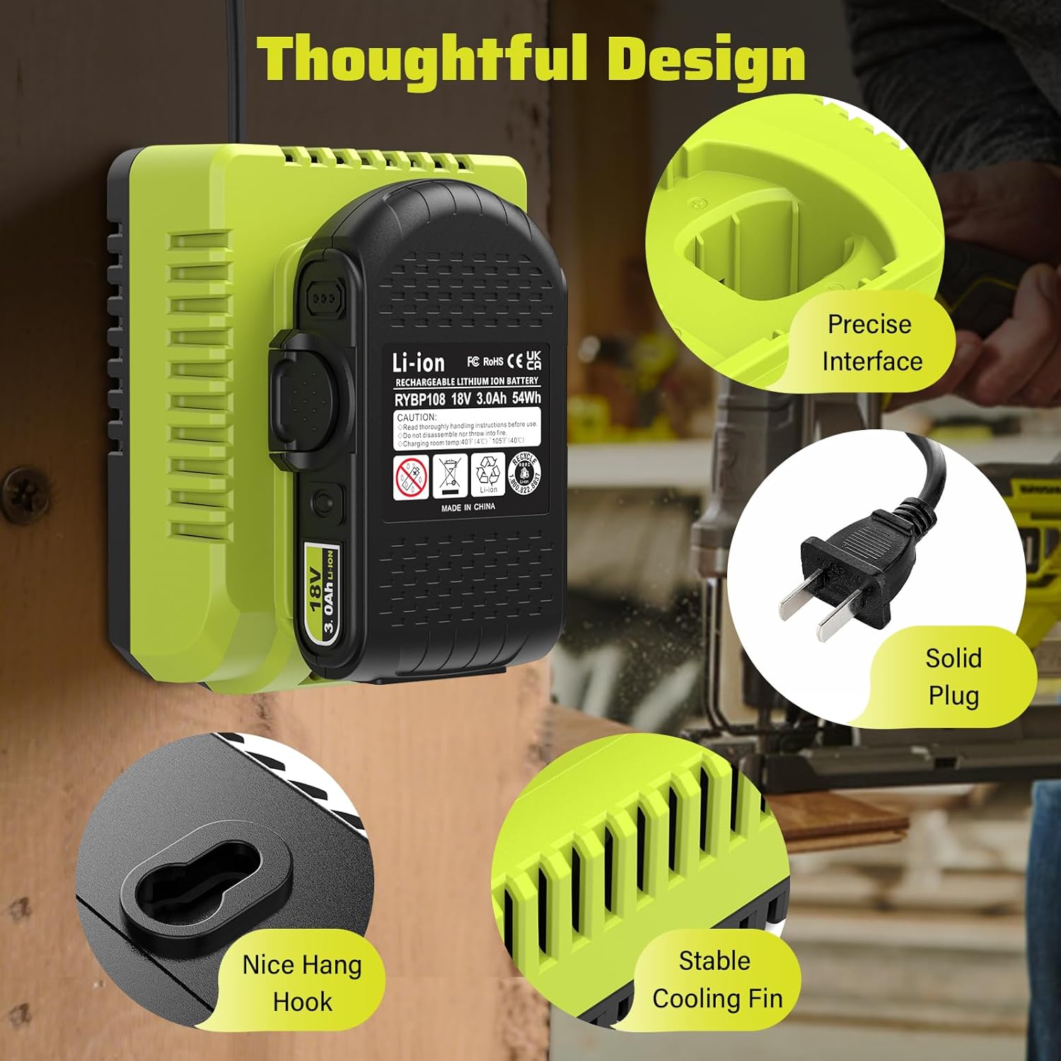 Abeden 3.0Ah Replacement for Ryobi 18V Battery & Charger Combo with USB Port, Compatible with Ryobi 18 Volt P102 P103 P104 P105 P107 P108 P109 Cordless Power Tools