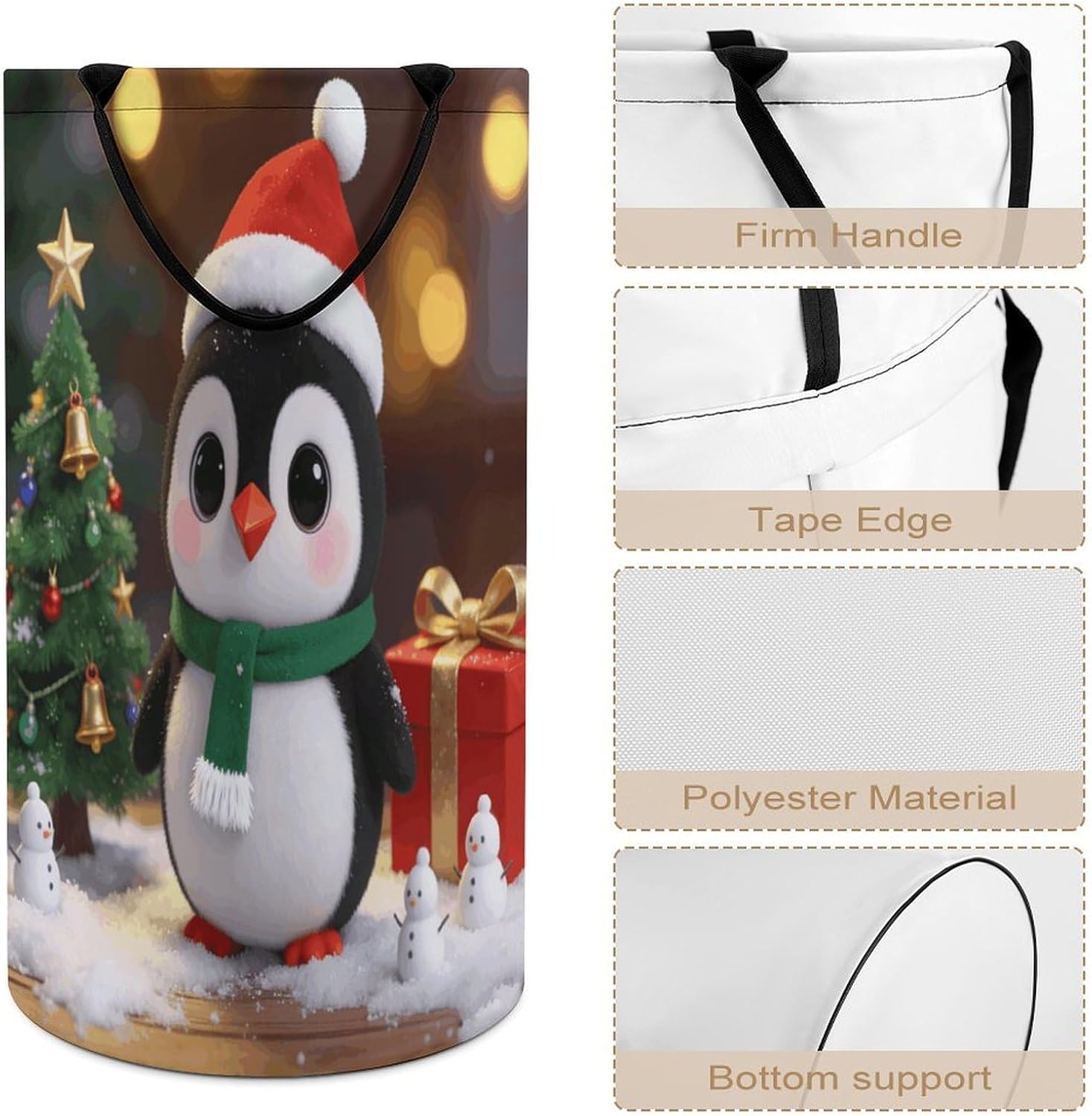 Cute Christmas Penguin Laundry Hamper Portable Lightweight Clothes Hampers Fashion Dirty Laundry Storage Basket Large Capacity Foldable Clothes Baskets for Bathroom Bedroom