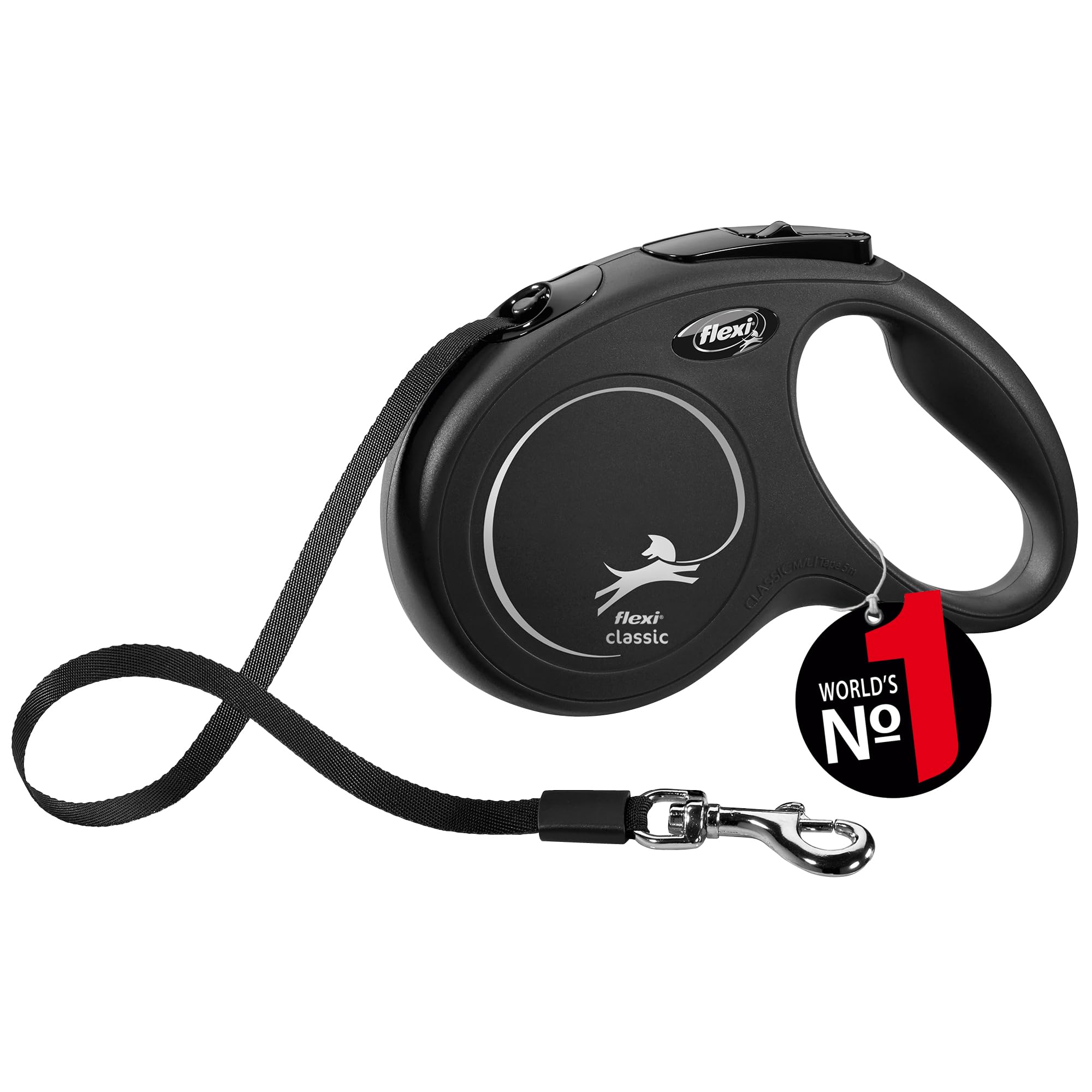 New Classic Tape Retractable Dog Leash for Medium Size Dogs Upto 25kgs. – 16 ft., Black | Tangle Free Pet Walking Leash with One-Handed Brake, Pause, Lock | German Quality Product