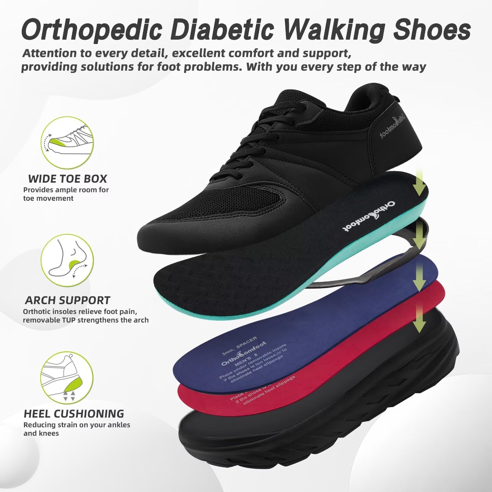Men's Orthopedic Diabetic Extra Wide Running Shoes: Comfort Hammer Toes Arch Support Neuropathy Heel Spur Walking Shoes, Plantar Fasciitis High Arch Biking Fit Leisure Sneakers Black Size 10