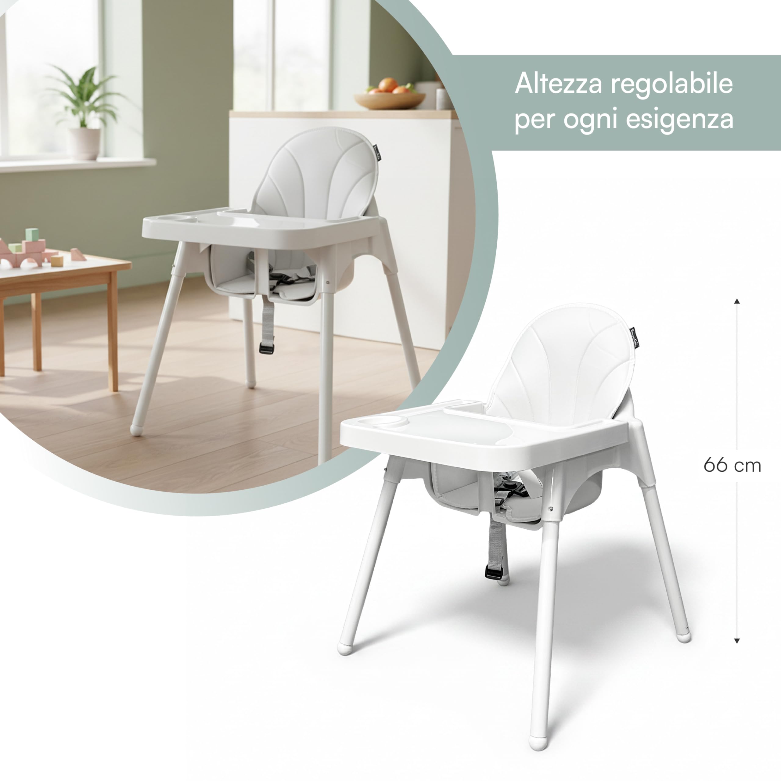 Seggiolone Pappa Bambini 2 Altezze 90/66 cm, Vassoio Removibile Regolabile, Cintura Sicurezza 3 Punti, Rivestimento Imbottito, Piedini Antiscivolo, Massimo 25 kg (Bianco)