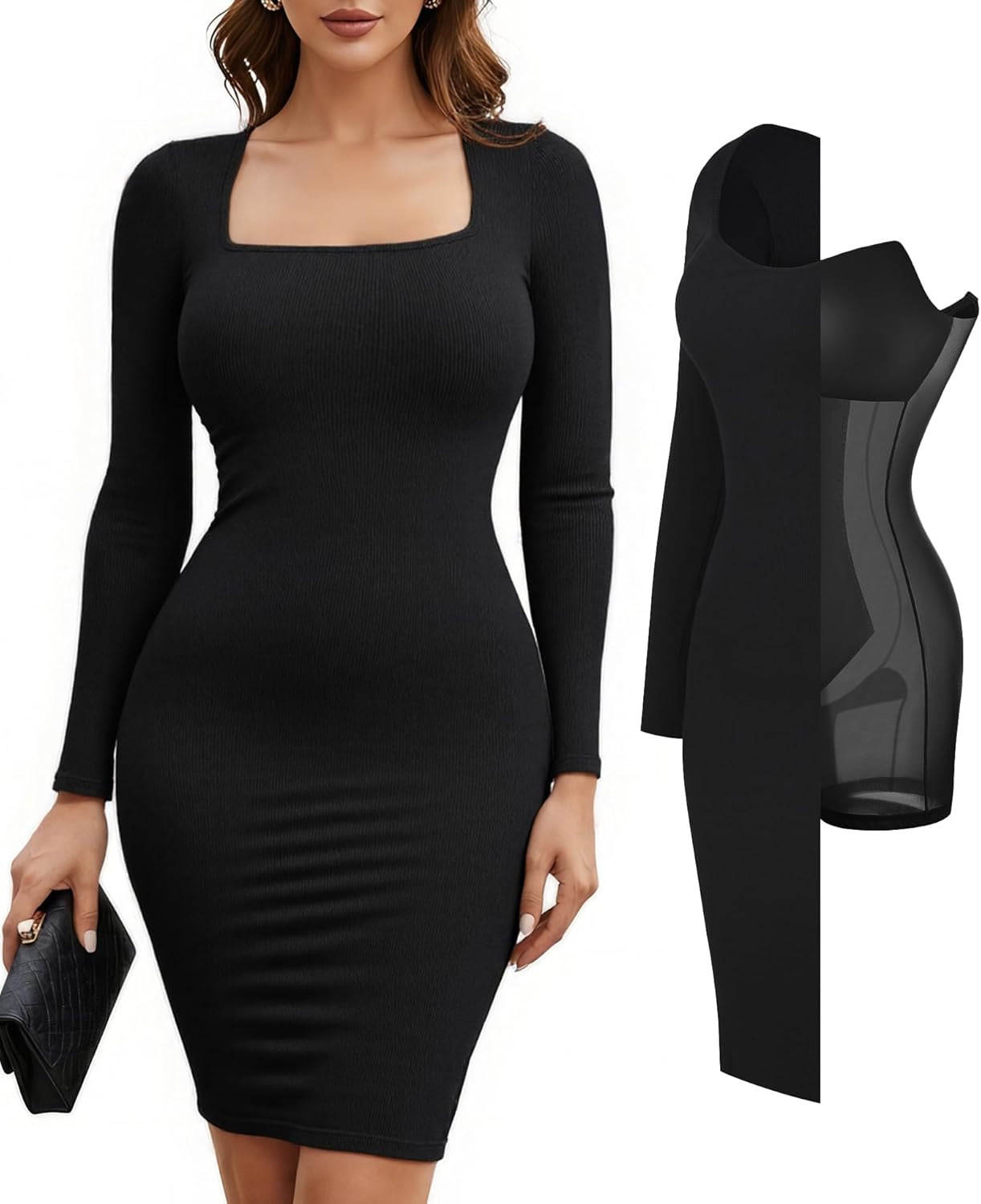 Popilush Dress Long Sleeve Midi Bodycon Dresses for Women Square Neck Shapewear Tummy Control Built-in Bra Party