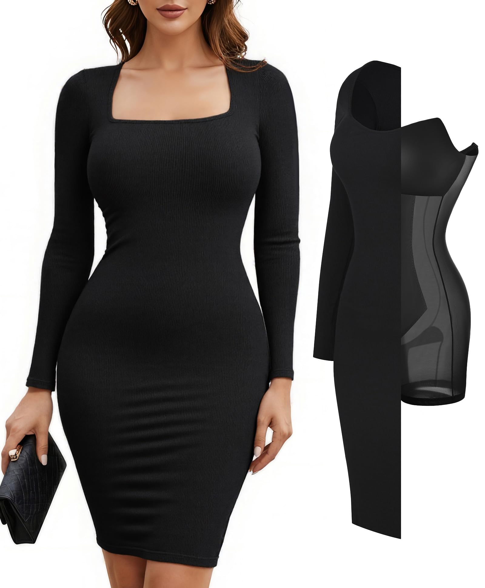 PopilushDress Long Sleeve Midi Bodycon Dresses for Women Square Neck Shapewear Tummy Control Built-in Bra Party