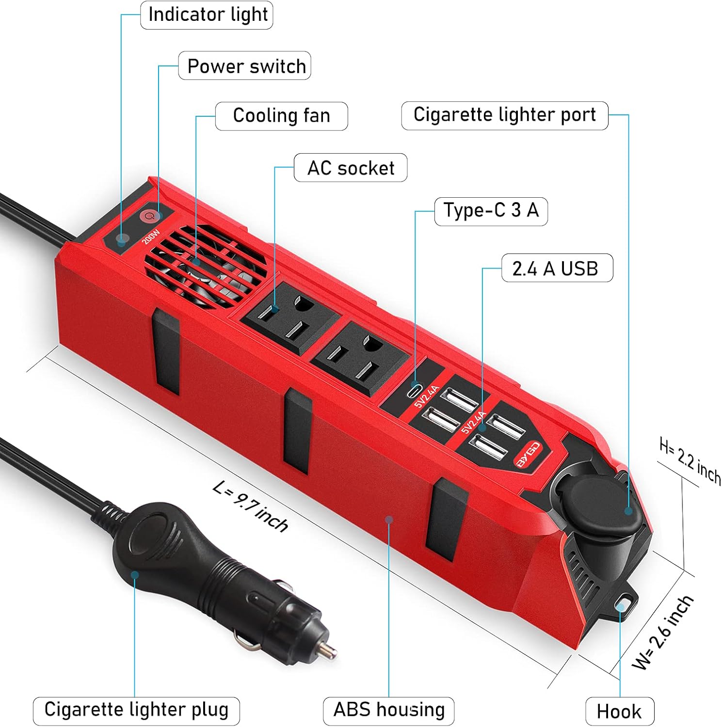 200W Car Power Inverter DC 12V to 110V AC Converter with Dual AC Outlets, 4 Quick Charger 2.4A USB Ports and 1 Type C Port Cigarette Lighter Socket Charger Adapter