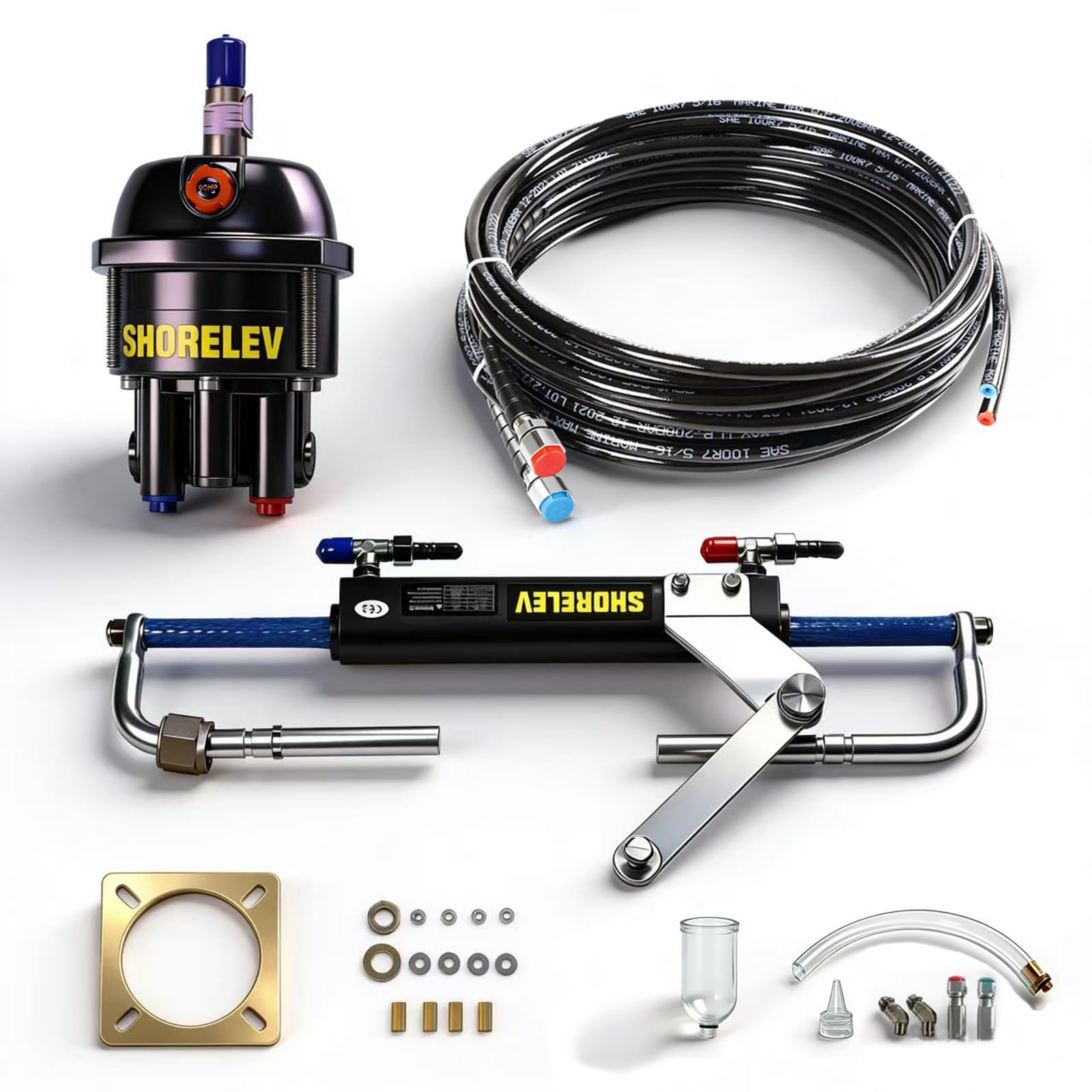 Hydraulic Steering Kit for 90HP Outboard Motors, Marine Boat Hydraulic Steering System, 20ft Hose with Pump &amp; Cylinder (Include Helm), Marine-Grade Steering System Boats