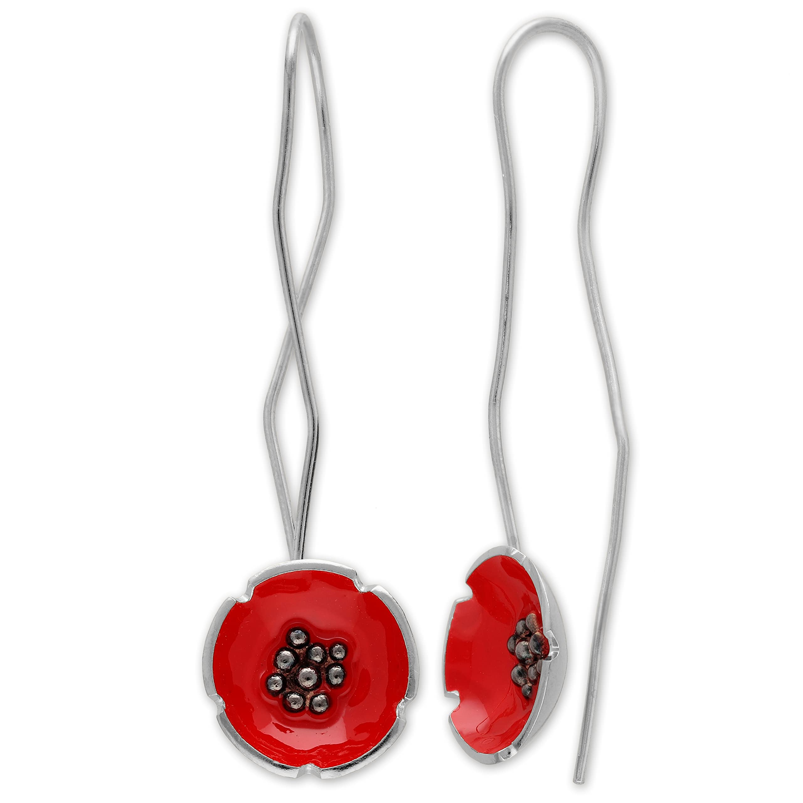 Grandi orecchini pendenti in argento sterling e smalto rosso, orecchini di fiori di papavero rosso, gioielli di fiori fatti a mano di Emmanuela, orecchini lunghi di fiori rossi