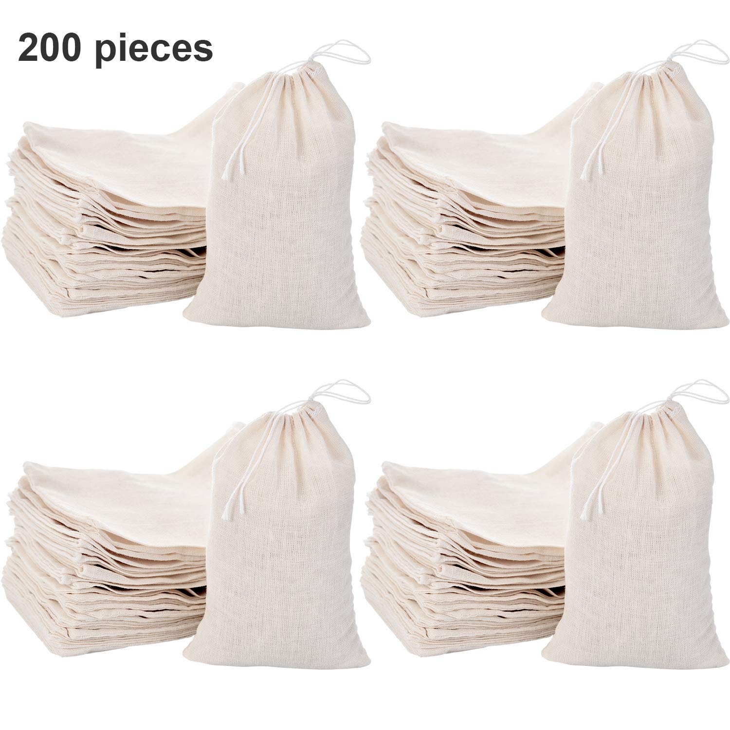 Tatuo 200 Paquet Coton Muslin Sacs en toile de jute Sacs Sac à usages multiples cordonnet Sachet Sacs pour soirée de mariage de bijoux de thé Favors stockage 4 x 6 pouces