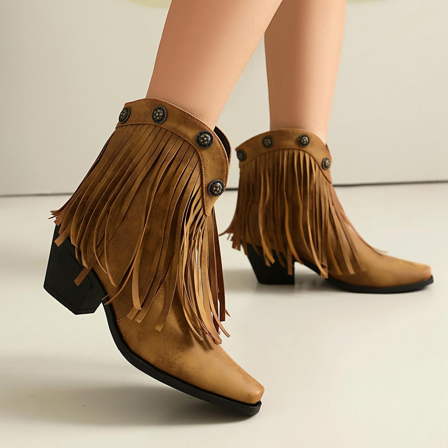 KiutSymo Cowboy Boots for Women Ankle Western Fringe Booties Chunky Block Heel Square Toe Pull On Wide Calf Tassel Short Cowgirl Ankle Boots