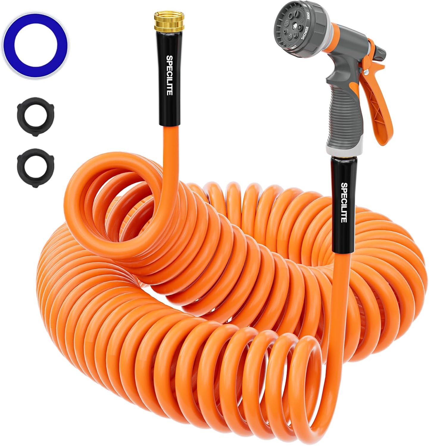 SPECILITE Hot/Cold Garden Water Coil Hose 50 ft x 3/8”, -50°F to 190°F, Burst 600 PSI, Flexible & Lightweight, Upgraded Curly Rubber Hose Pipe with 8-Pattern Nozzle for Boat, Yard, Greenhouse, Patio