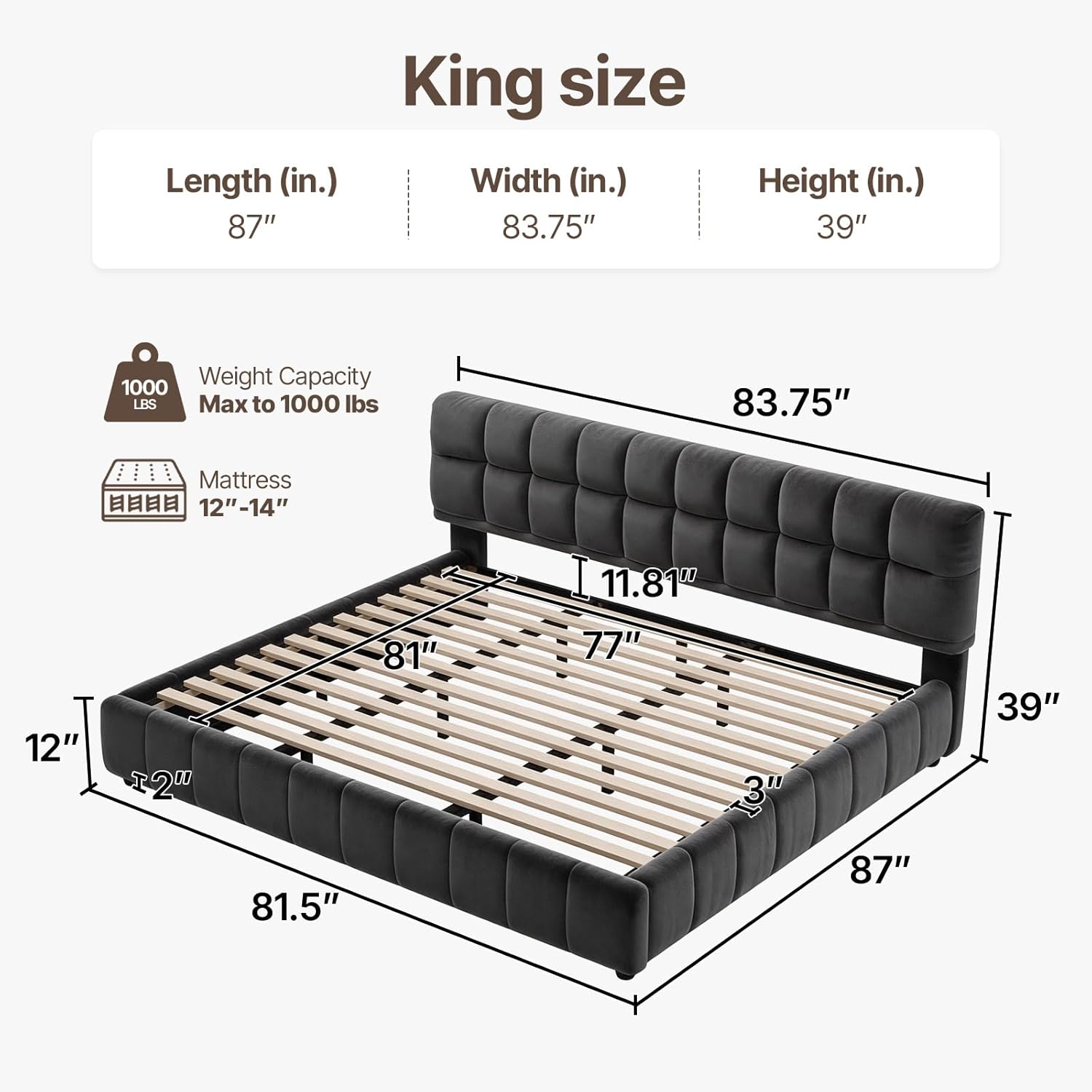 King Size Cloud Upholstered Bed Frame with Thick Fabric, Chenille Fabric Grounded King Size 39" High Platform Bed with Headboard and Solid Frame. No Box Spring Needed,