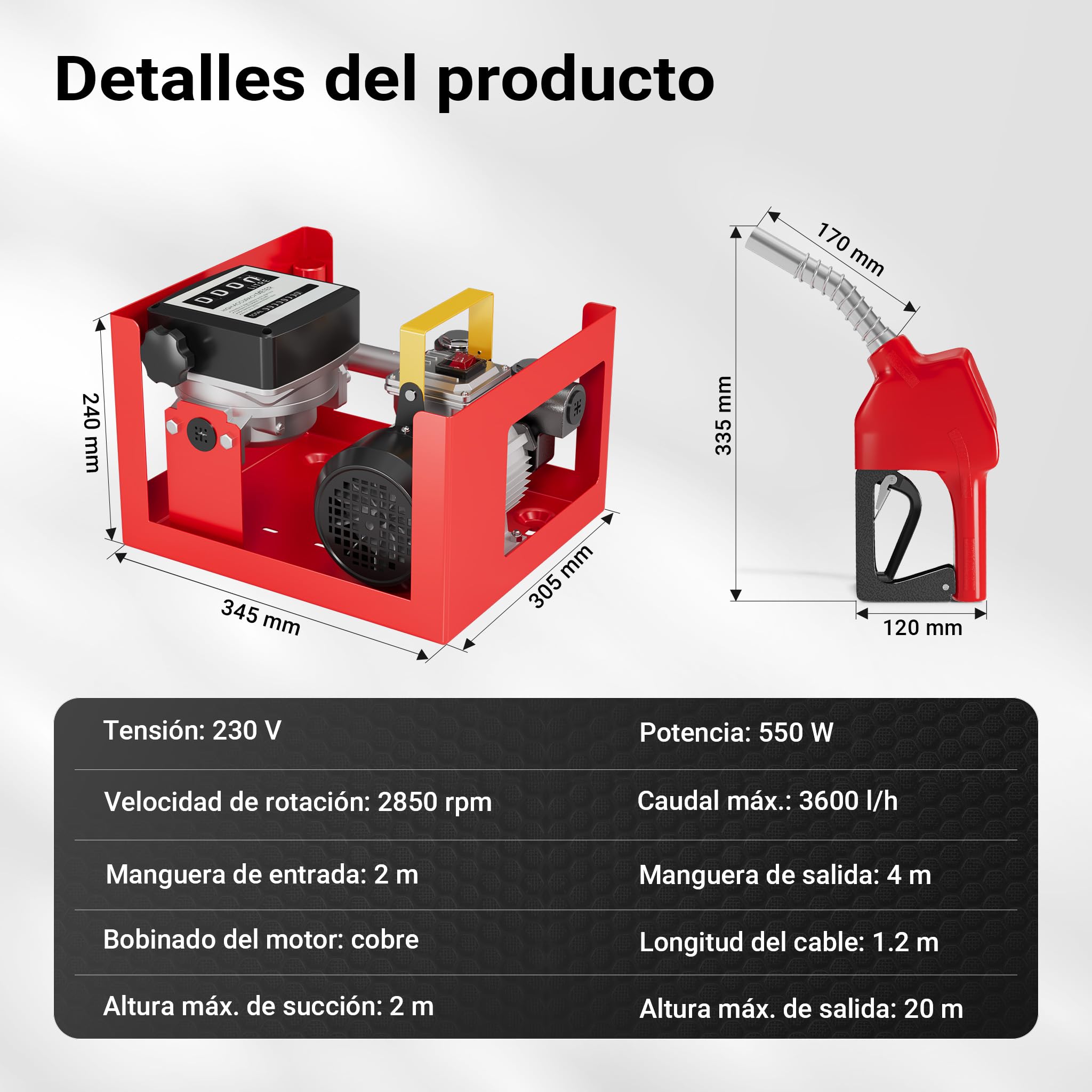 Wiltec Bomba autocebante para diésel y gasóleo 230 V / 550 W surtidor autoaspirante de gasoil 20-60 l/min con pistola automática y contador para trasvase trasiego de combustible