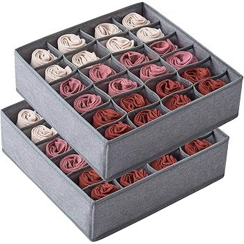 Qozary 2 Pack Closet Socks Organizer Drawer Divider, 24 Cell Collapsible Closet Cabinet Organizer Underwear Storage Boxes for Storing Socks, Lingerie, Underwear (Gray)