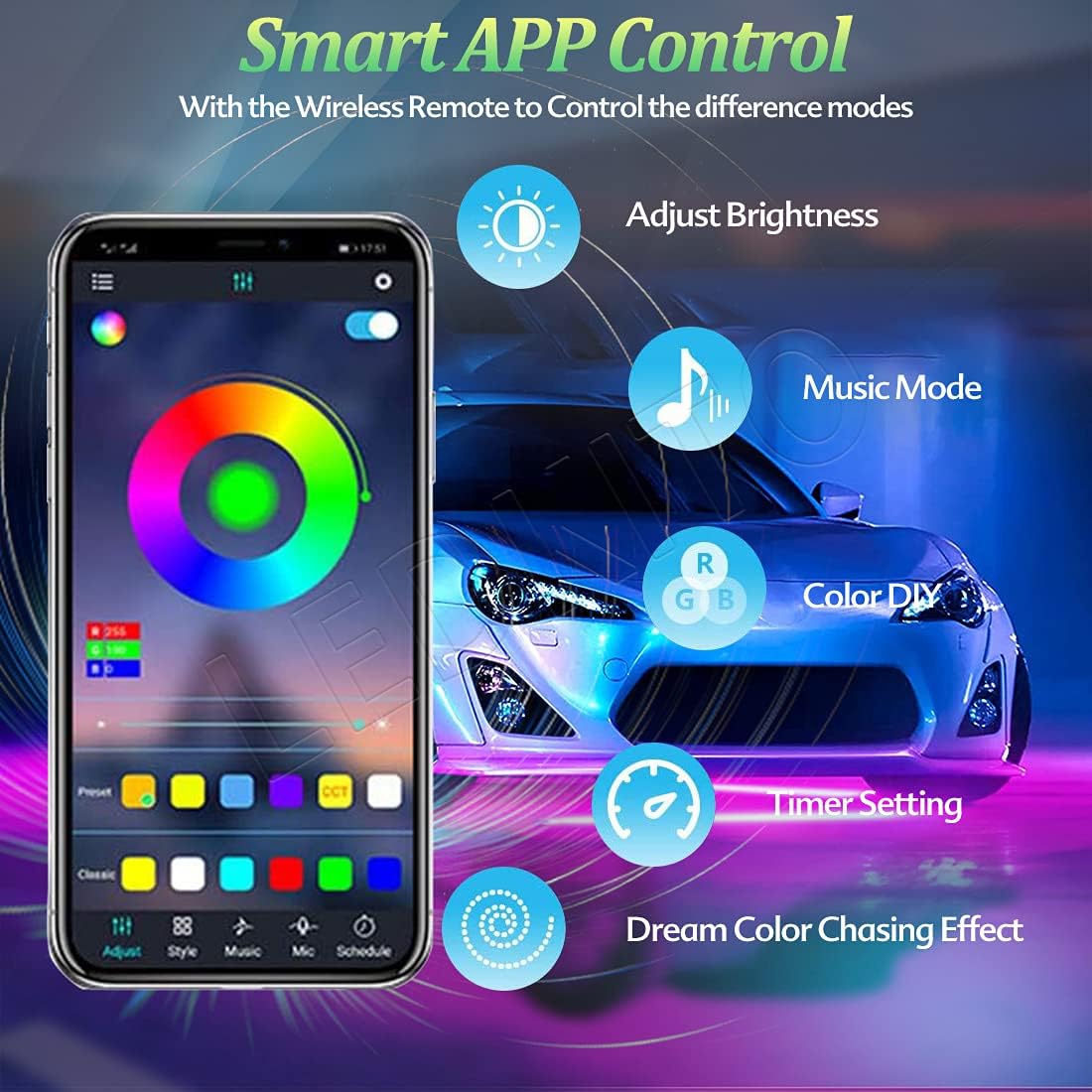 LEDKITO Car Underglow Lights 4Pcs Bluetooth APP Control 12V 16 Million Colors Neon Accent Lights Kit Underbody Lights Waterproof Underglow Led Neon Light Kit for Cars Trucks : Automotive
