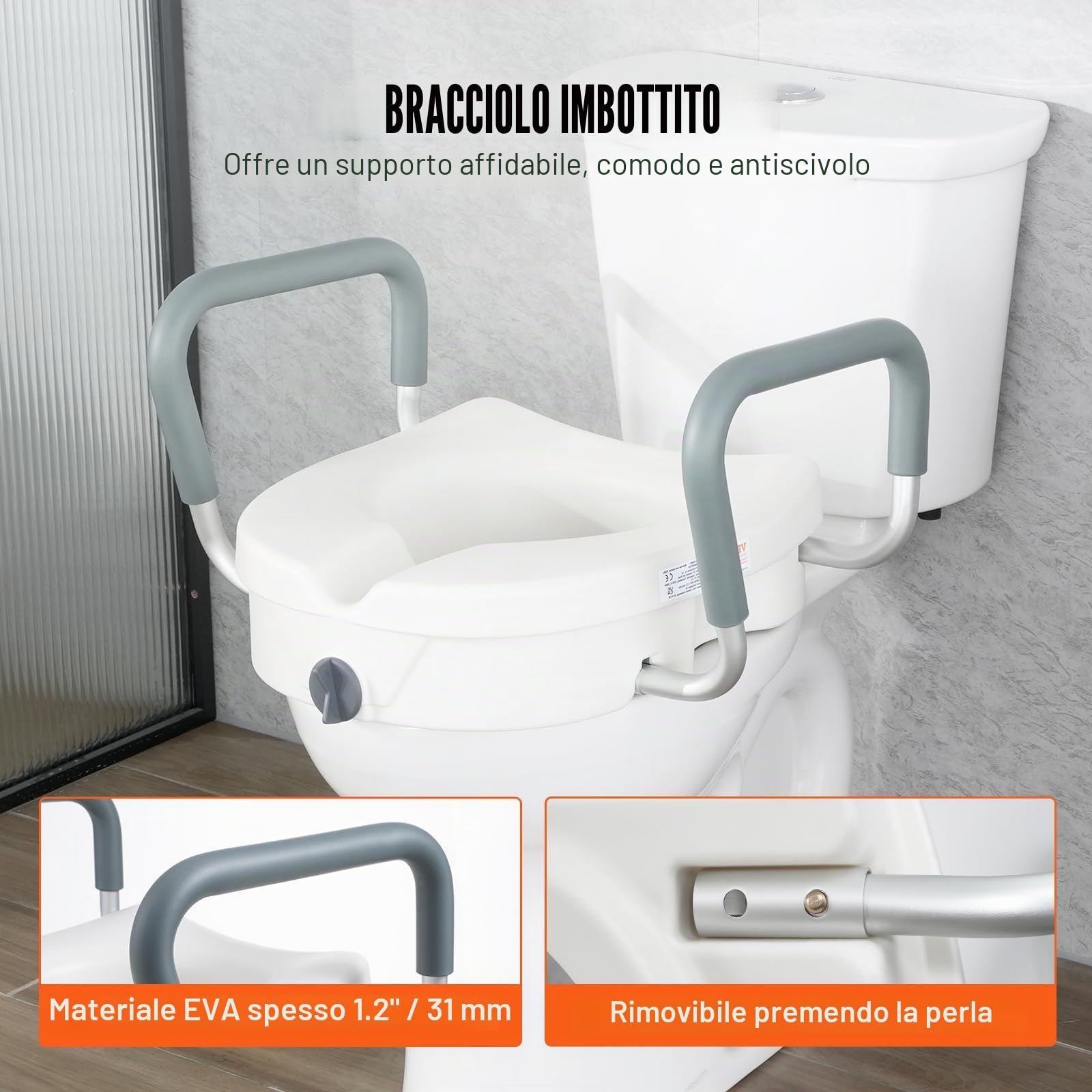VEVOR Sedile WC Rialzato 435 x 535 x 340 mm Rialzo per WC Universale Altezza Rialzata 127 mm Capacità 158,7 kg per WC Rotondo, Allungato, Larghezza Regolabile, per Anziani, Disabili, Paziente, Incinta