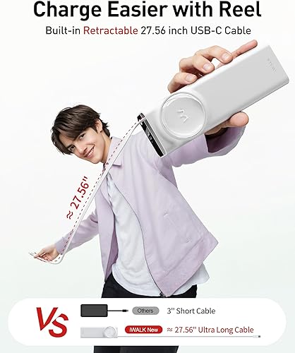 Miniatura 2 de iWALK Banco de energía para laptop, 20000mAh 65W, cargador portátil con cable USB-C retráctil integrado de 2.3 pies y pantalla LED, triple salida