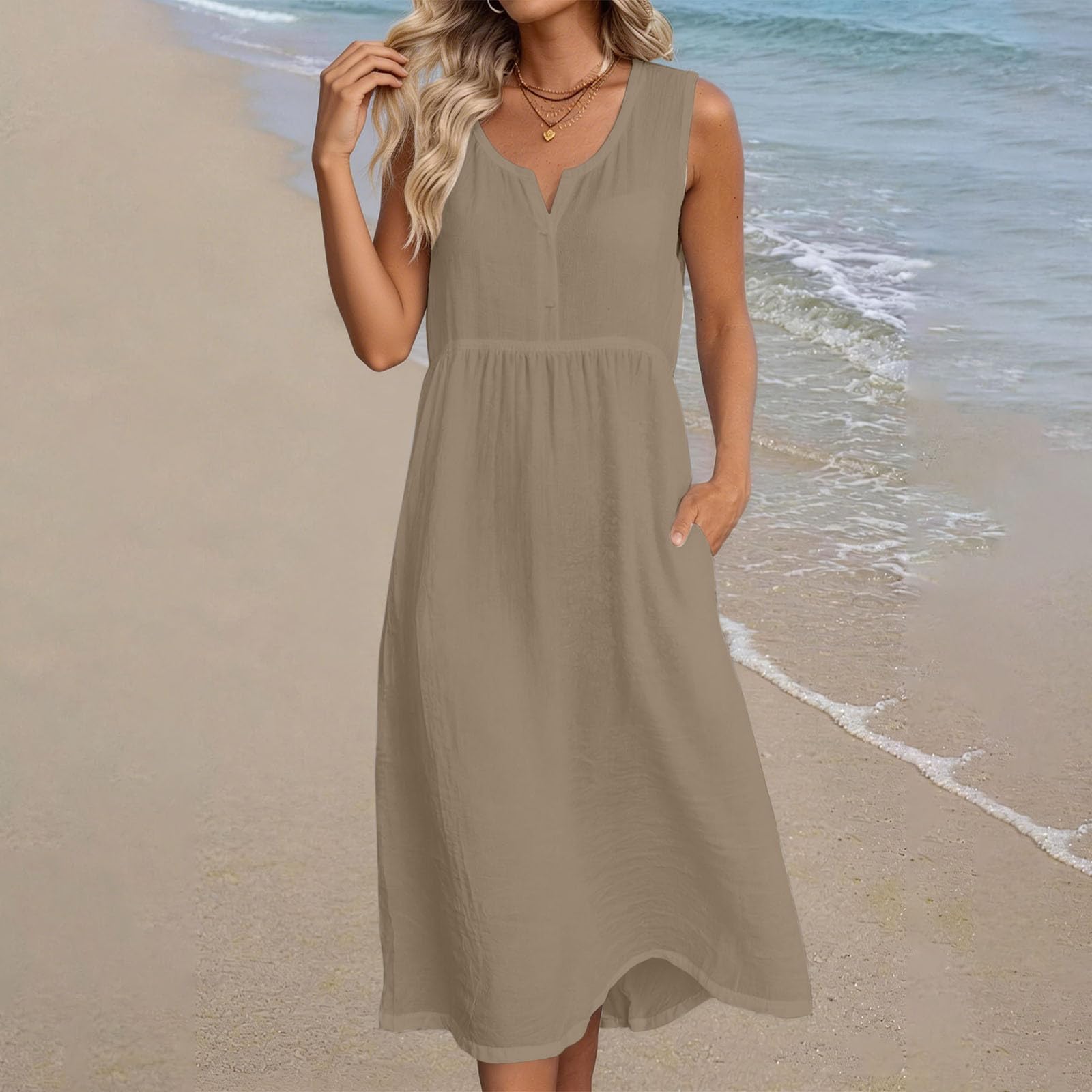 Womens Cotton Linen Midi Dresses Sleeveless Crewneck Empire Waist Loose Comfy Beach Casual Sundress - 4
