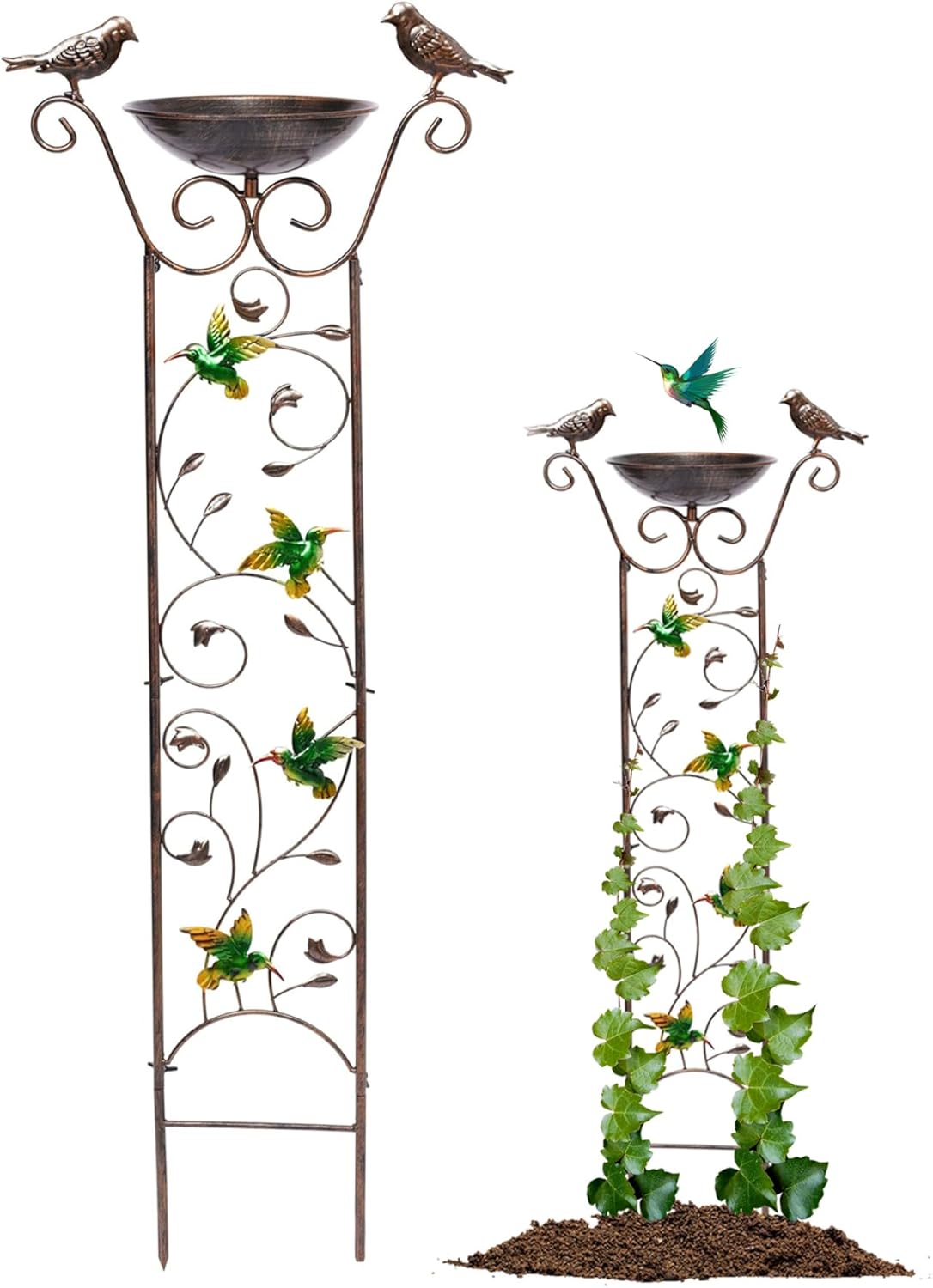 Bird Bath for Outside, 2 in 1 Metal Detachable Plant Support with Bird Water Dispenser, Standing Feeder for Outdoor Garden Docorations (Hummingbird)